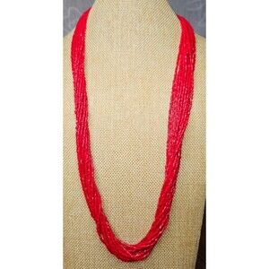 VTG Multi-Strand Red Round Straight Glass Beaded Necklace 31" L